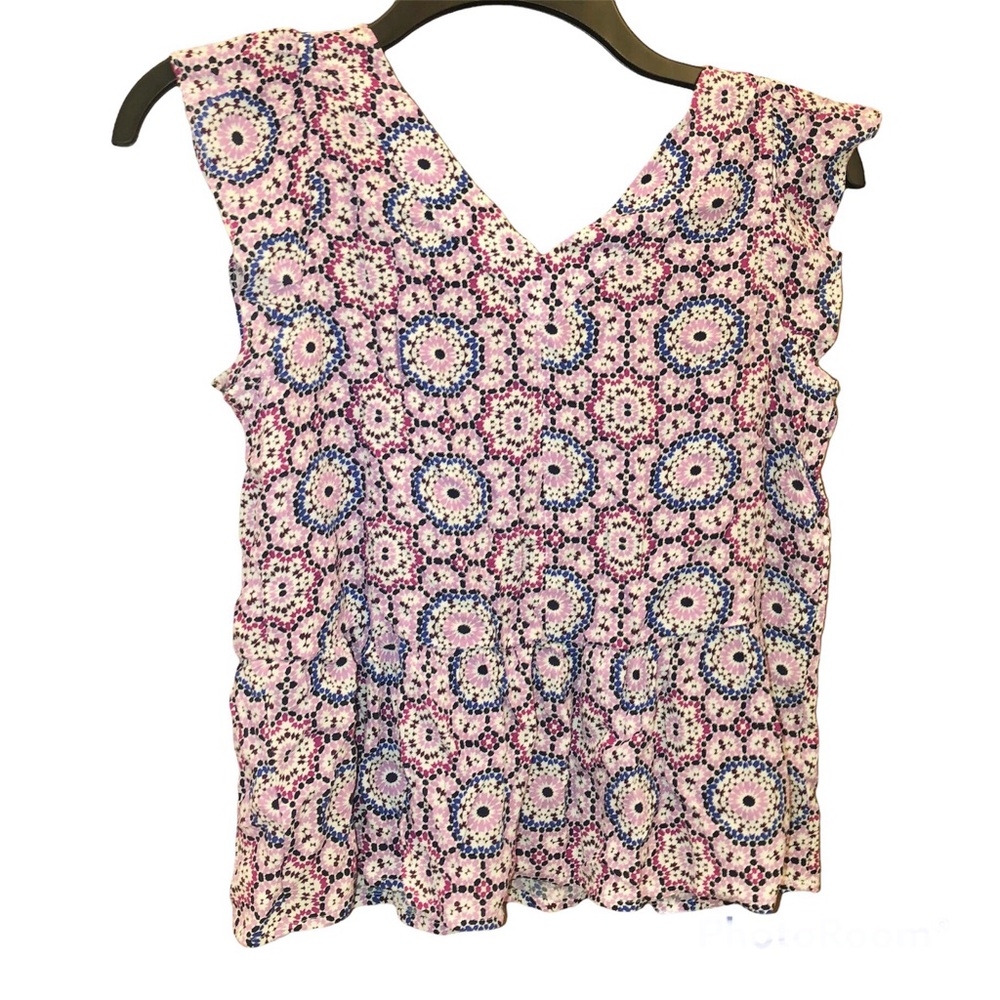 Loft Floral Geometric Peplum V Neck Sleeveless Top Pink Blue XS Petite - Picture 2 of 4